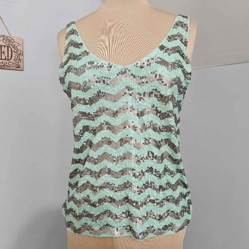 J. Crew‎ Mint Green Sequin Chevron Tank Top Sleeveless Scoop Neck Size M Casual
